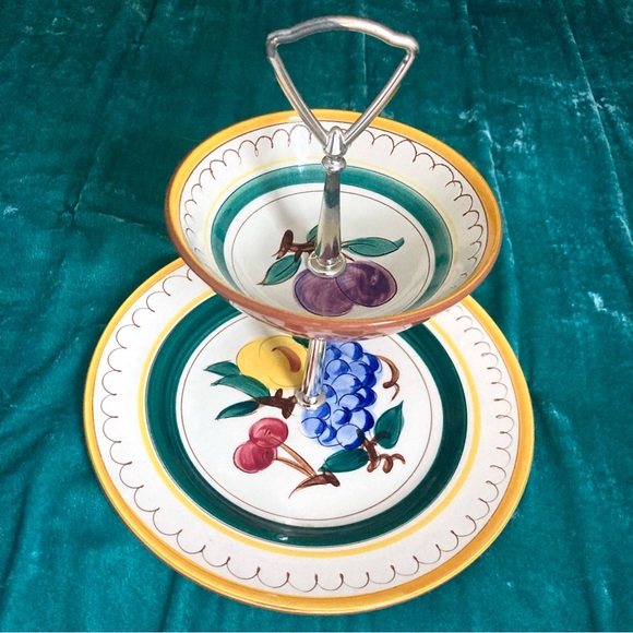 Vintage MCM Stangl Pottery yellow trim fruits two tiered handled serving dish - Picture 11 of 12